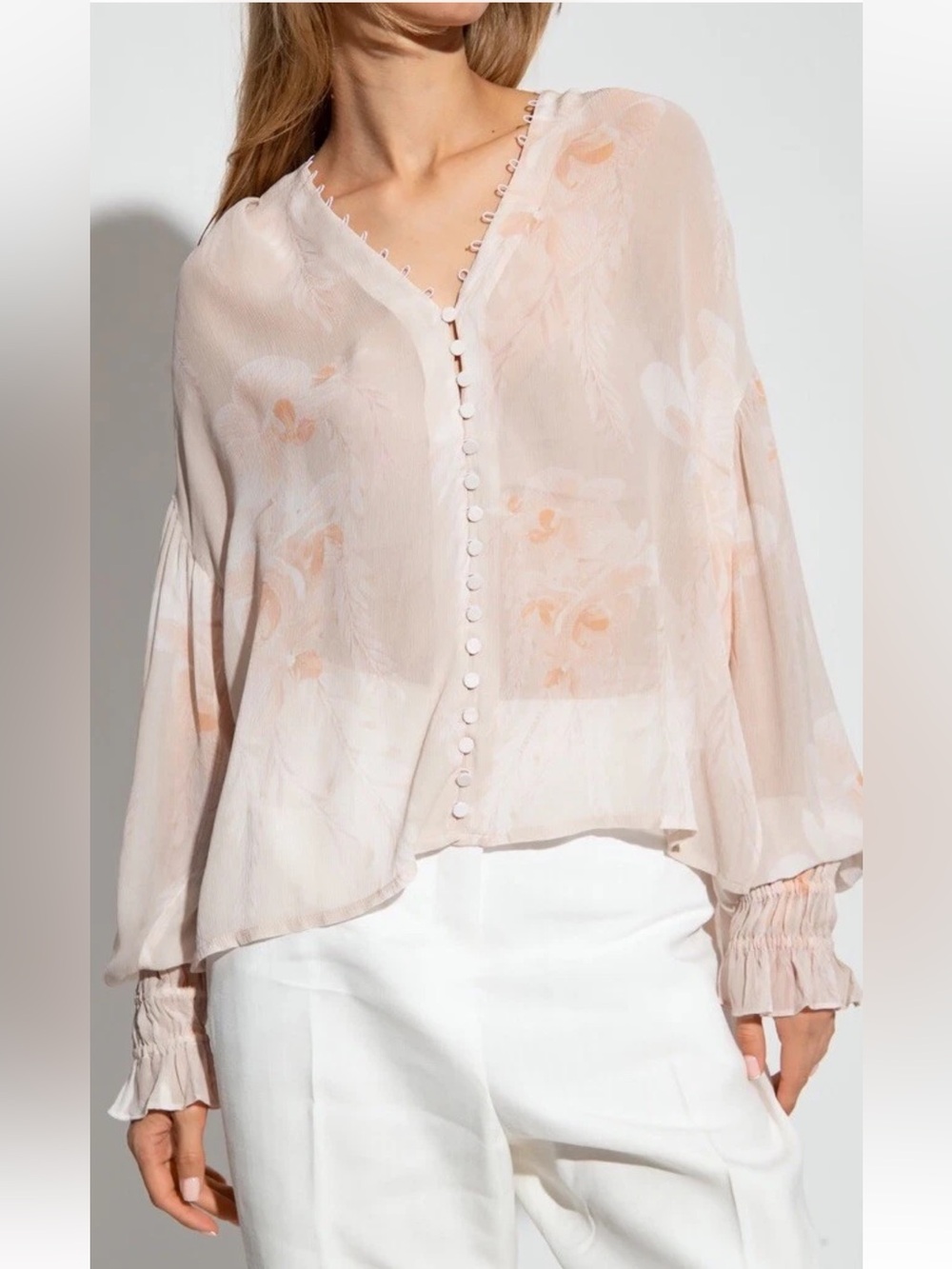 All Saints Women’s Cream And Peach Floral Balloon Sleeve Peasant Blouse Size 6 M